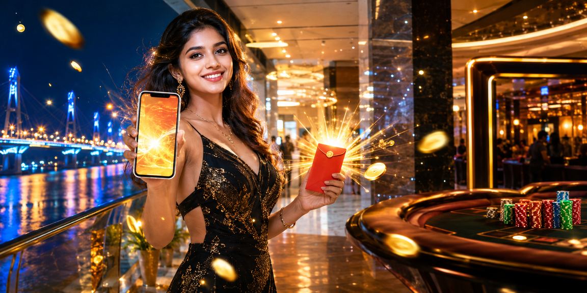 A Bangladeshi model in Mymensingh viewing a bonus offer in a red envelope